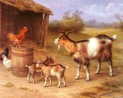 埃德加亨特 - A farmyard Scene With Goats And Chickens